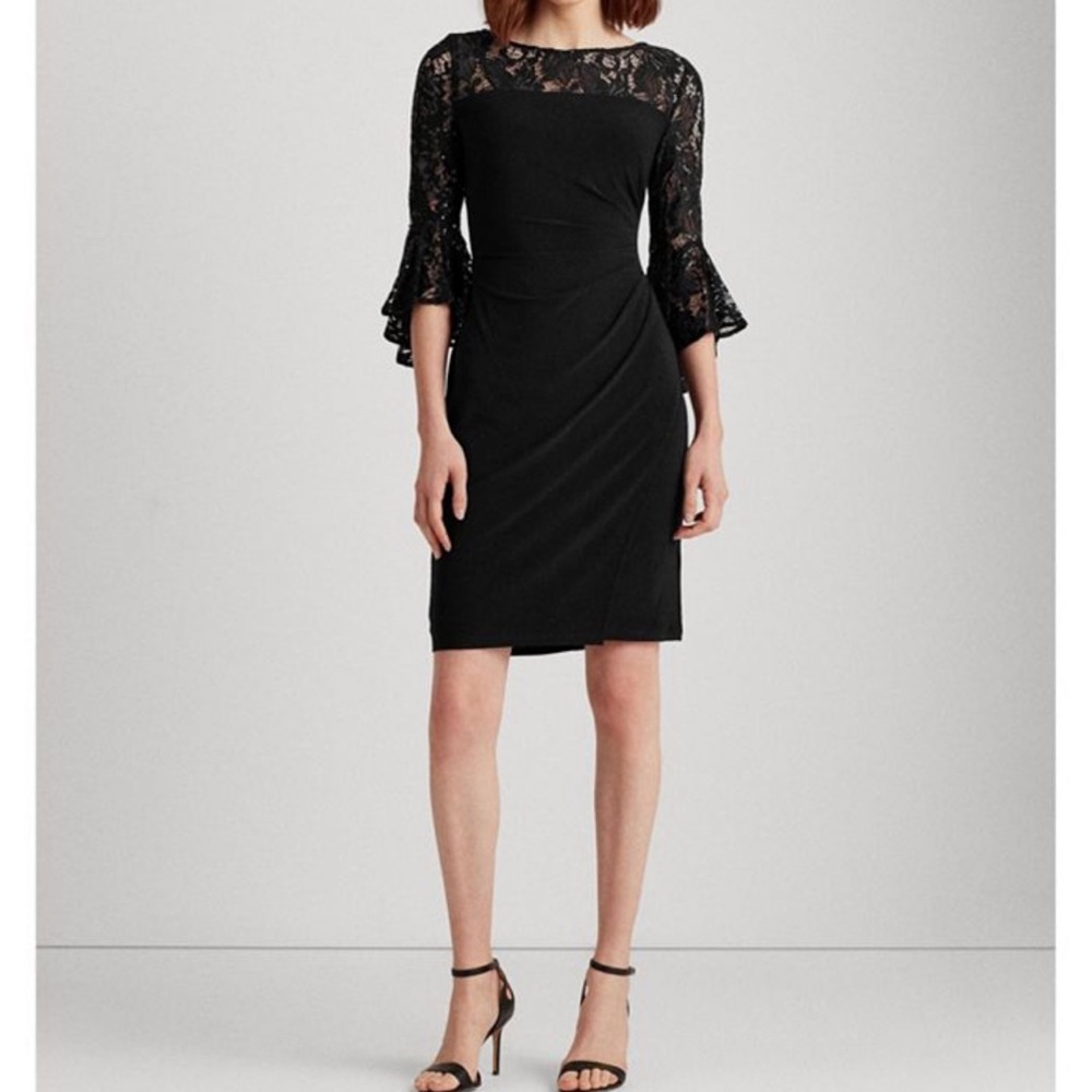 Black Lauren Ralph Lauren dress with lace trim & sleeves. Size 12.